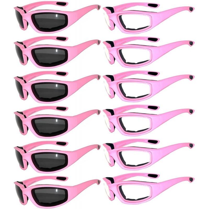 Goggle Wholesale of 12 Pairs Motorcycle Padded Foam Glasses Assorted Color Lens - 12_pink_smk_clr - C112O9R4WP7 $30.81