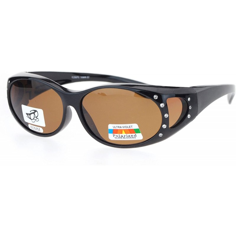 Oval Womens Fit Over Glasses Polarized Sunglasses Oval Rhinestone Frame - Black (Brown) - CX1884Z4YGD $14.10