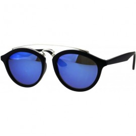 Round Retro Keyhole Flat Top Double Metal Bridge Round Horn Sunglasses - Black Blue - CB18EYD2TKS $7.49