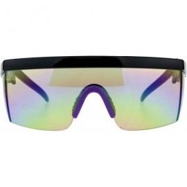 Semi-rimless Flat Top Crooked Bolt Arm Goggle Style Color Mirror Shield 80s Sunglasses - Black Purple - CT18DSU4OA5 $12.02