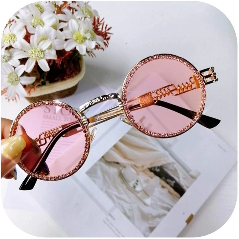 Goggle Vintage Round Diamond Sunglasses Women Luxury Steampunk Red Black Clear Lens Rhinestone Eyeglasses UV400 - 1 - CM199CL...