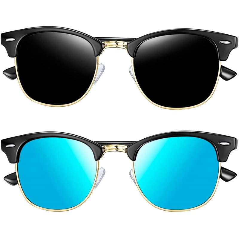 Round Semi-Rimless Sunglasses for Women Men - Horn Rimmed Half Frame Sunglasses Polarized - 2 Pack (Black+blue) - CB18X7LQC8S...