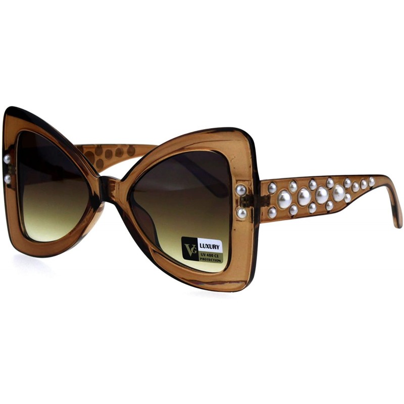 Oversized Womens Pearl Jewel Thick Plastic Butterfly Designer Fashion Sunglasses - Brown - CP18GLACIQH $14.30