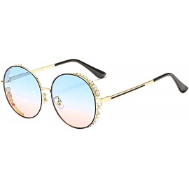 Goggle Fashion Round Pearl Decor Sunglasses UV Protection Metal Frame - Blue&pink Lens-e - CJ18U0EE5ZR $18.46