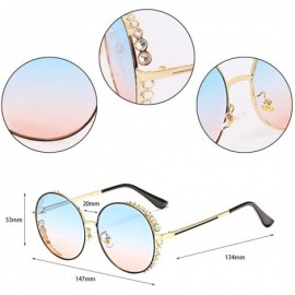 Goggle Fashion Round Pearl Decor Sunglasses UV Protection Metal Frame - Blue&pink Lens-e - CJ18U0EE5ZR $18.46