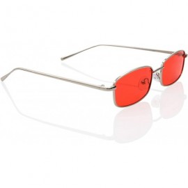 Rectangular Retro 90s Hipster Small Rectangular Thin Metal Frame Transparent Sunglasses - Silver Frame/ Red Lens - C218L6RY35...