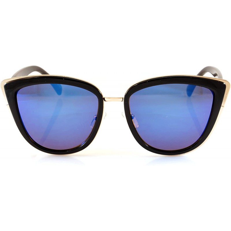 Cat Eye Women's New Iconic Metal Rimmed Cat-Eye Sunglasses - Mirrored Lens A055 - Black/ Blue Revo - CM18874M3DU $15.51