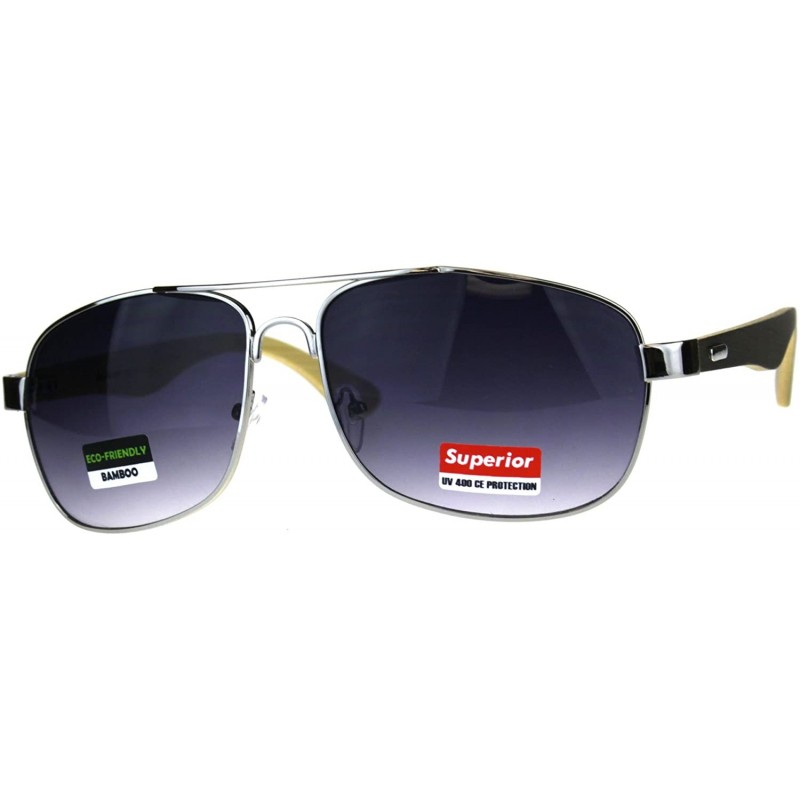 Rectangular Mens Rectangular Metal Pilots Officer Bamboo Wood Arm Sunglasses - Silver Dark Wood - CM180ANKXAE $16.89