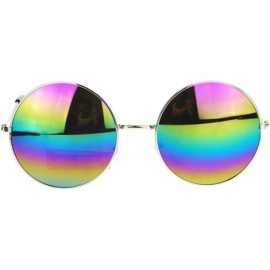 Round Oil Slick Mirror Lens 70s Hippie Round Circle Metal Wire Rim Sunglasses - Silver - C511YPQWAG3 $11.33