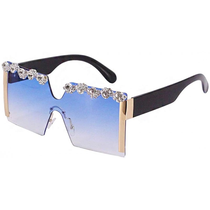 Shield Rhinestone Oversize Shield Visor Sunglasses Flat Top Mirrored Mono Lens - Blue/Diamond - CW1986UH0EO $15.47