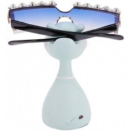 Shield Rhinestone Oversize Shield Visor Sunglasses Flat Top Mirrored Mono Lens - Blue/Diamond - CW1986UH0EO $15.47