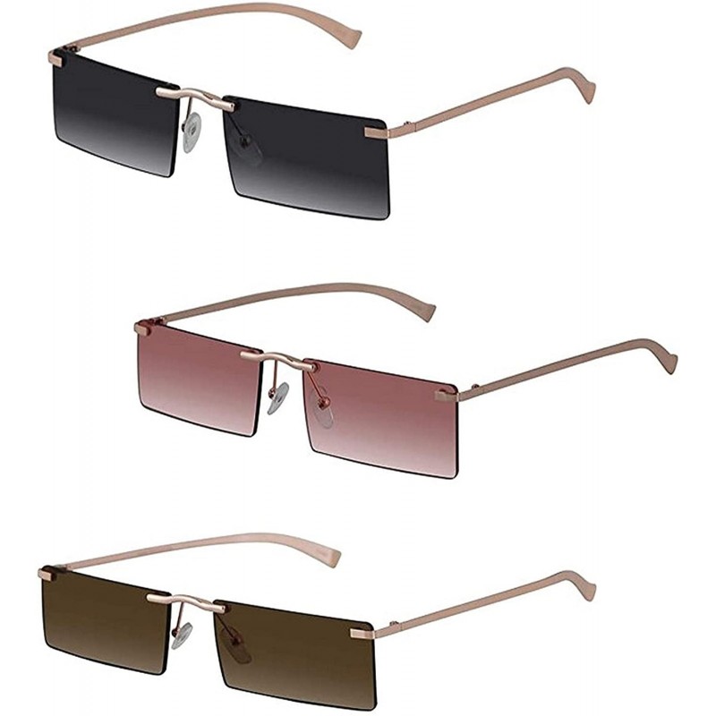 Rectangular Rectangle Rimless Metal Frame Retro Sunglasses Fashion Men Women Glasses - 3 Pack Gold/Black- Pink- Brown - CD197...