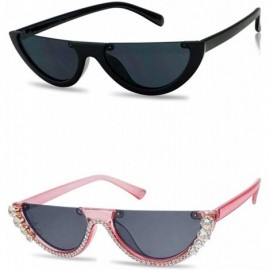 Rimless 2-PACK Small Narrow Half Moon Oval Cat Eye 90's Sunglasses - Crystal Pink - Glossy Black (2-pack) - C518Q9CNAKA $30.19