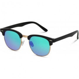 Rectangular Half Frame Retro Semi-Rimless Style Sunglasses Retro Mirror Lens Sunglasses - Black Frame / Green Mirrored Lens -...