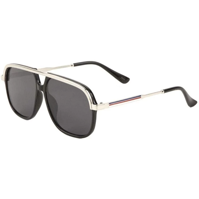 Aviator Round Flat Lens Elongated Curved Top Bar Color Temple Lines Aviator Sunglasses - Black Silver - CJ197WQLDEC $14.18