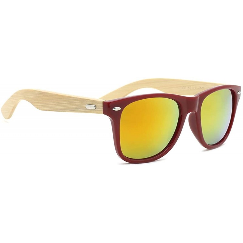 Square Fashion Square Bamboo Wood Mirrored Sunglasses for Men Women - Red Frames/Red Lens - C8182SNACIH $9.43