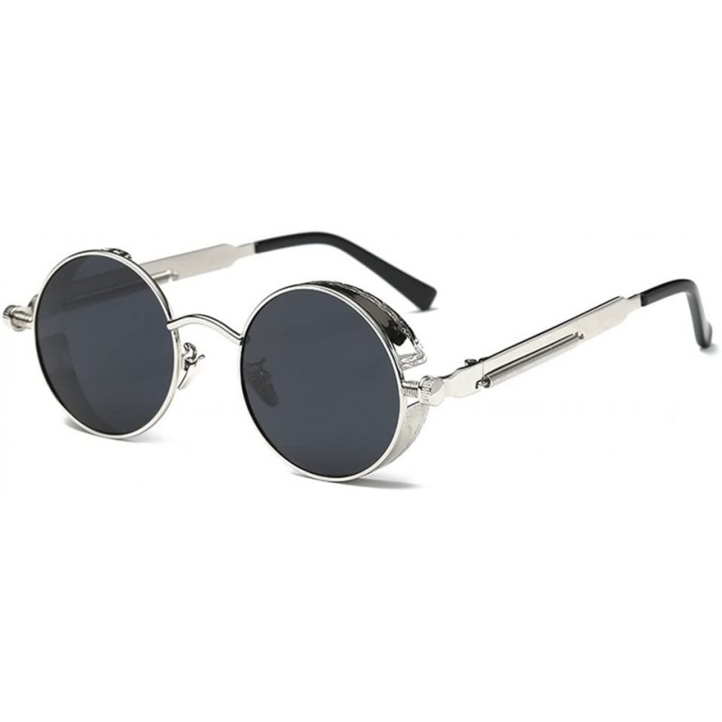 Oversized Men Women Retro Vintage Glasses Steampunk Round Metal UV400 Eyewear Sunglasses Anti Uv Sunglass Silver + Black - CD...