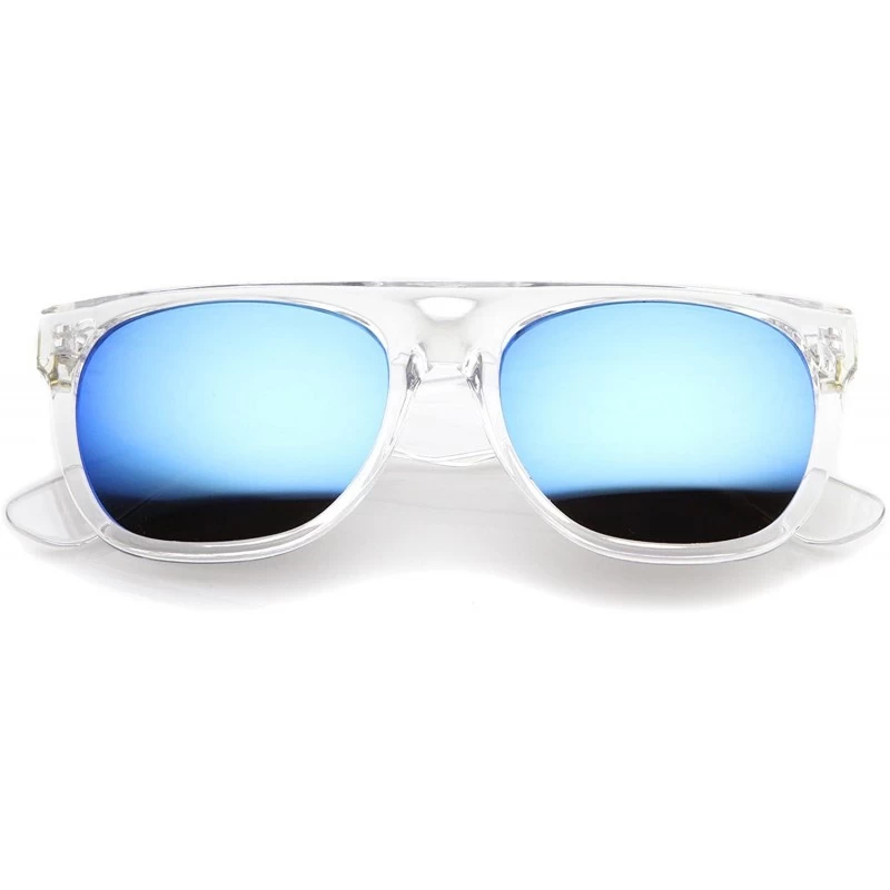 Aviator Modern Super Flat-Top Wide Temple Horn Rimmed Sunglasses 55mm - Shiny Clear / Blue Mirror - C112MY1V47T $9.19