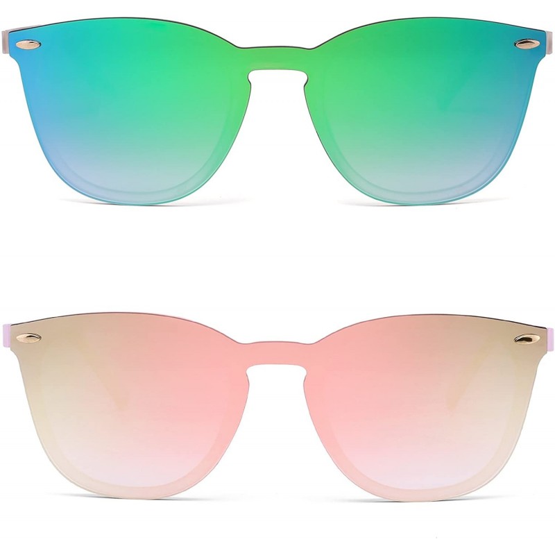 Shield Trendy Rimless Sunglasses Mirror Reflective Sun Glasses for Women Men - 2 Pack (Green + Pink) - CQ18S5NWWHL $34.58