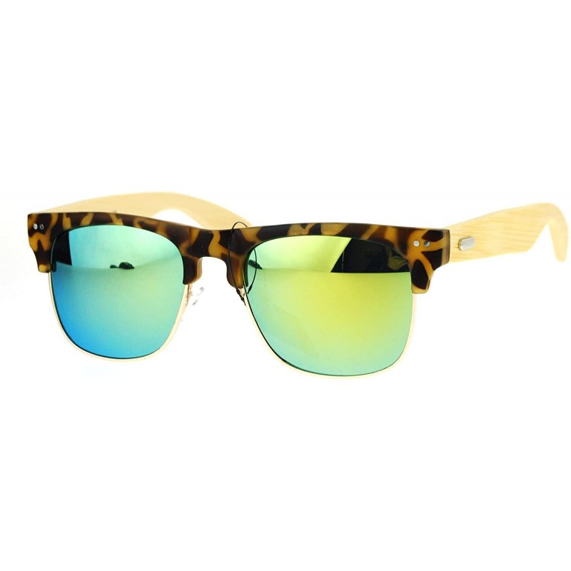 Square Real Bamboo Temple Sunglasses Square Matted Top Mirror Lens UV 400 - Tortoise (Yellow Mirror) - C2183Z8R4CM $13.03