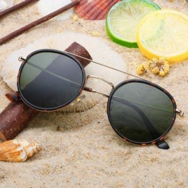 Round Small Round Double Bridge Sunglasses For Women Men Polarized 100% UV Protection - Gold Leopard Frame/Green Lens - C218O...