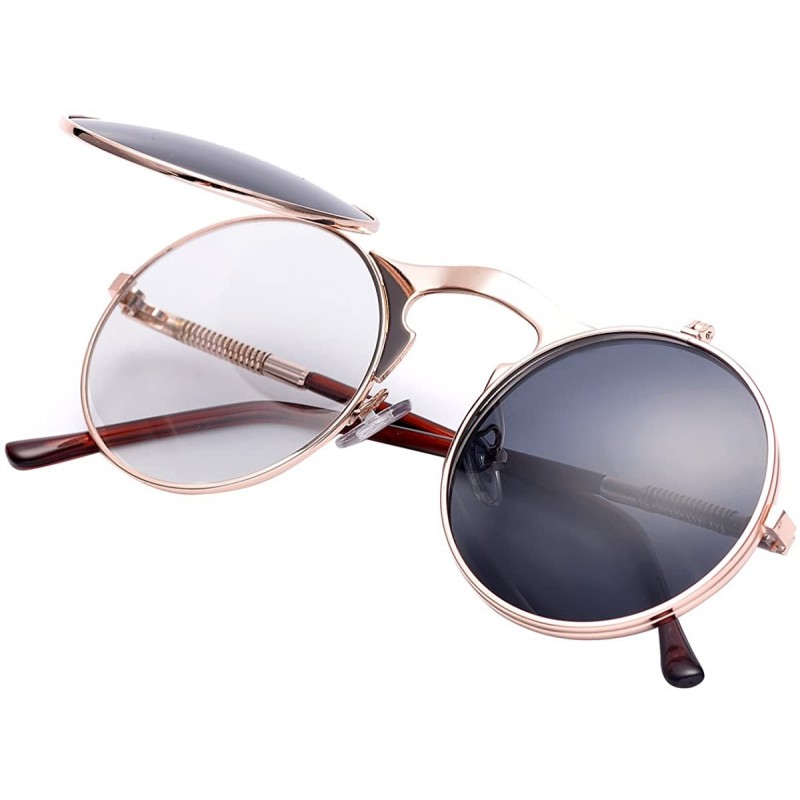 Shield Vintage Round Flip Up Sunglasses for Men Women Juniors John Lennon Style Circle Sun Glasses - CY184EXRRKR $14.02