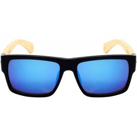 Square Wooden Bamboo Retro Square Sunglasses Mirrored Lens 540894BM-REV - Black/Blue-white Mirrrored Lens - CZ12O6EBX3A $10.58