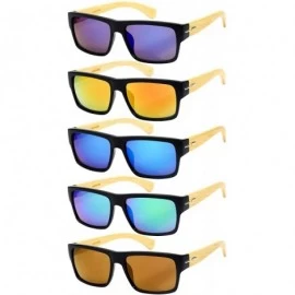 Square Wooden Bamboo Retro Square Sunglasses Mirrored Lens 540894BM-REV - Black/Blue-white Mirrrored Lens - CZ12O6EBX3A $10.58