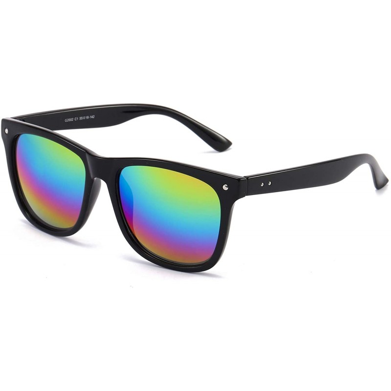 Oversized Best Value Retro Large Horn Rimmed Mirror Lens Polarized Sunglasses - Shiny Black Frame - Rainbow Mirror Lens - CC1...