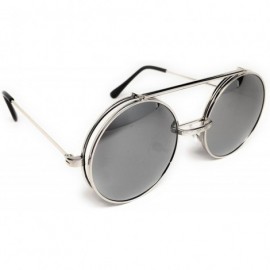 Round Flip Up Steampunk Metal Django Sunglasses - Silver- Silver Mirror - CY186X593MO $12.23