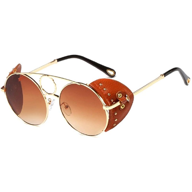 Round Women's Fashion Sunglasses Metal Round Frame Eyewear With Leather - Gold Brown - CQ18W4EQD8K $21.99