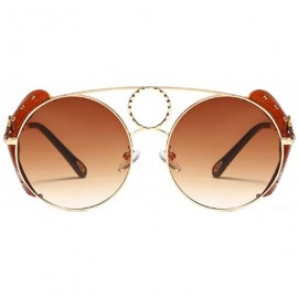 Round Women's Fashion Sunglasses Metal Round Frame Eyewear With Leather - Gold Brown - CQ18W4EQD8K $21.99