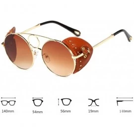 Round Women's Fashion Sunglasses Metal Round Frame Eyewear With Leather - Gold Brown - CQ18W4EQD8K $21.99