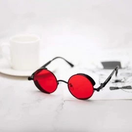 Round Steampunk Sunglasses Round Retro Metal Circle Frame Sunglasses Men & Women - Red Lens/Black Frame - C2196SSOO7K $16.33