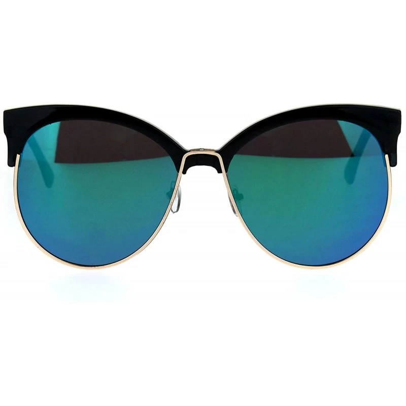 Round Womens Color Mirror Overisze Round Cateye Half Rim Retro Sunglasses - Black Teal - CB183R67KW3 $8.40