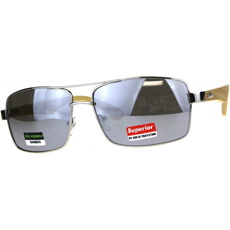 Rectangular Real Bamboo Wood Temple Sunglasses Mens Rectangular Navigator - Silver (Silver Mirror) - CT18D4K4ESK $11.41