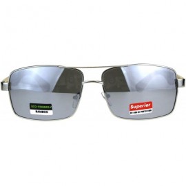 Rectangular Real Bamboo Wood Temple Sunglasses Mens Rectangular Navigator - Silver (Silver Mirror) - CT18D4K4ESK $11.41