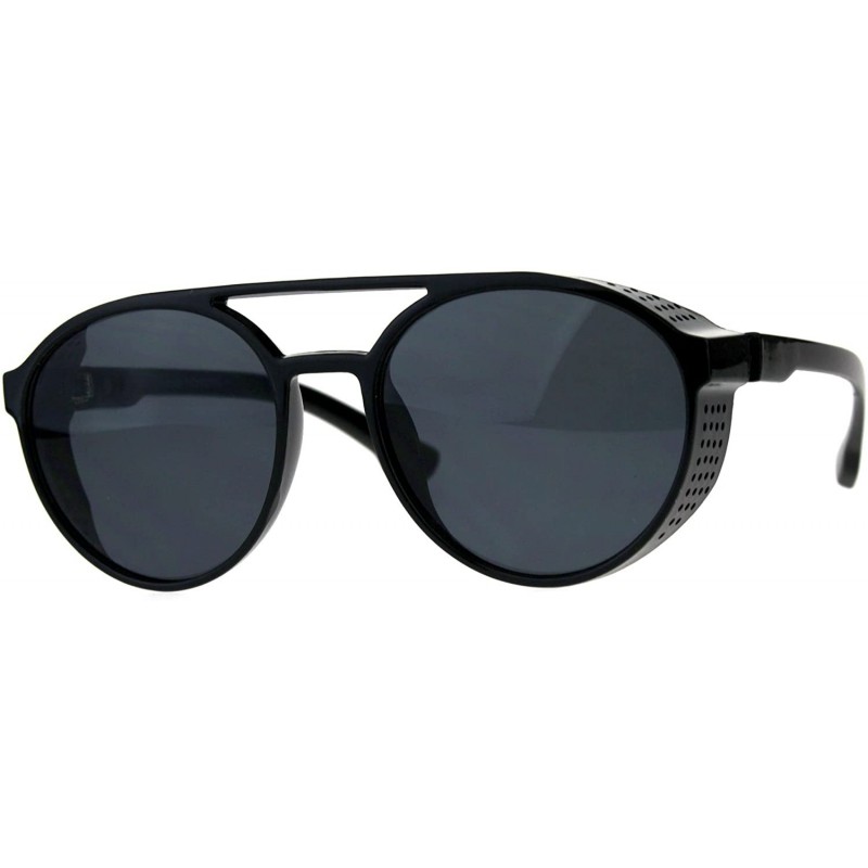 Round Mens Side Visor Plastic Cafe Racer Round Sunglasses - Shiny Black - CB18CMKR7TE $7.98