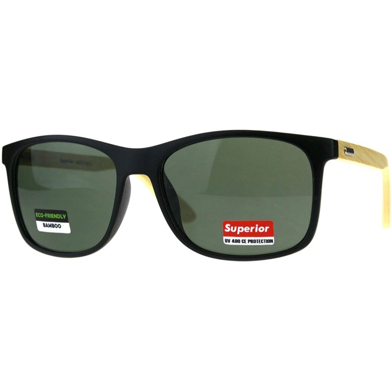 Square Real Bamboo Wood Temple Sunglasses Classic Square Unisex Frame - Matte Black (Green) - CT18DTGNEKO $11.96