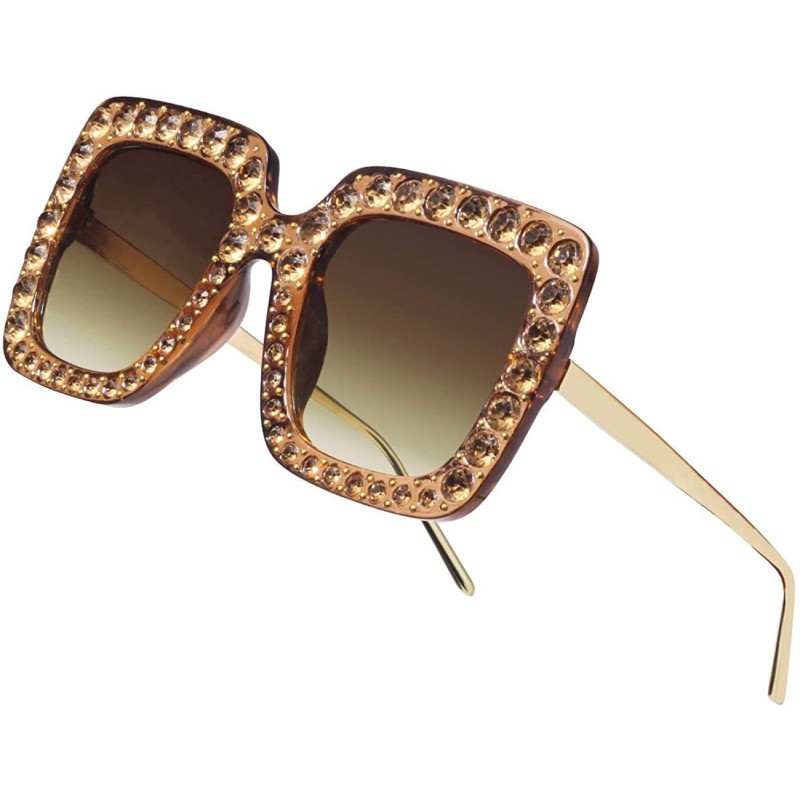 Square Square Rhinestone Oversized Sunglasses Metal Frame Retro Bling Sun glasses for Women - Champagne - CC18WQ0WK0M $8.80