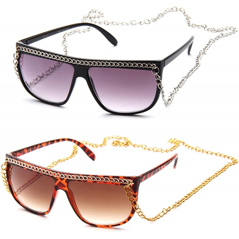 Oversized Women Flat Top Oversized Retro Chain Sunglasses w/Metal Chain on Top & Neck - 2 Pack Black & Tortoise - CE1864KZZDA...