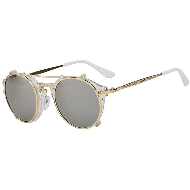 Oval Women UV400 Mirror Glasses Clip On Men Vintage Retro Steampunk Sunglasses - White F Silver Mirror - CR18ETDTINM $8.28