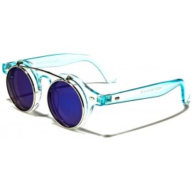 Round 70s Urban Steampunk Mirrored Lens Round Flip Up Sunglasses - Crystal Blue / Blue & Clear - CY18ECGLD8O $11.57