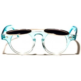 Round 70s Urban Steampunk Mirrored Lens Round Flip Up Sunglasses - Crystal Blue / Blue & Clear - CY18ECGLD8O $11.57