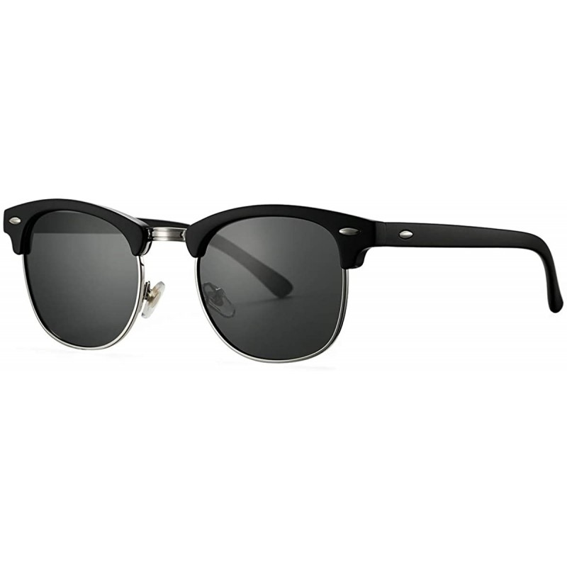 Rimless Classic Semi Rimless Polarized Sunglasses with Metal Rivets - Matte Black/Silver Rimmed - CP18A4RWN2D $13.30