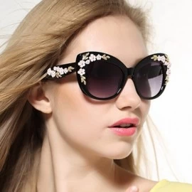 Round Women's S4230B2 Plastic Floral Embellished Party Novelty Cat Eye 53mm Sunglasses (black) Medium - CY121OMURED $22.23