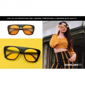 Shield Bold Flat Top Square Aviator Shield Sunglasses Oversized Boyfriend Flat Lens Shades - Black Frame - Orange - CG18G57KO...