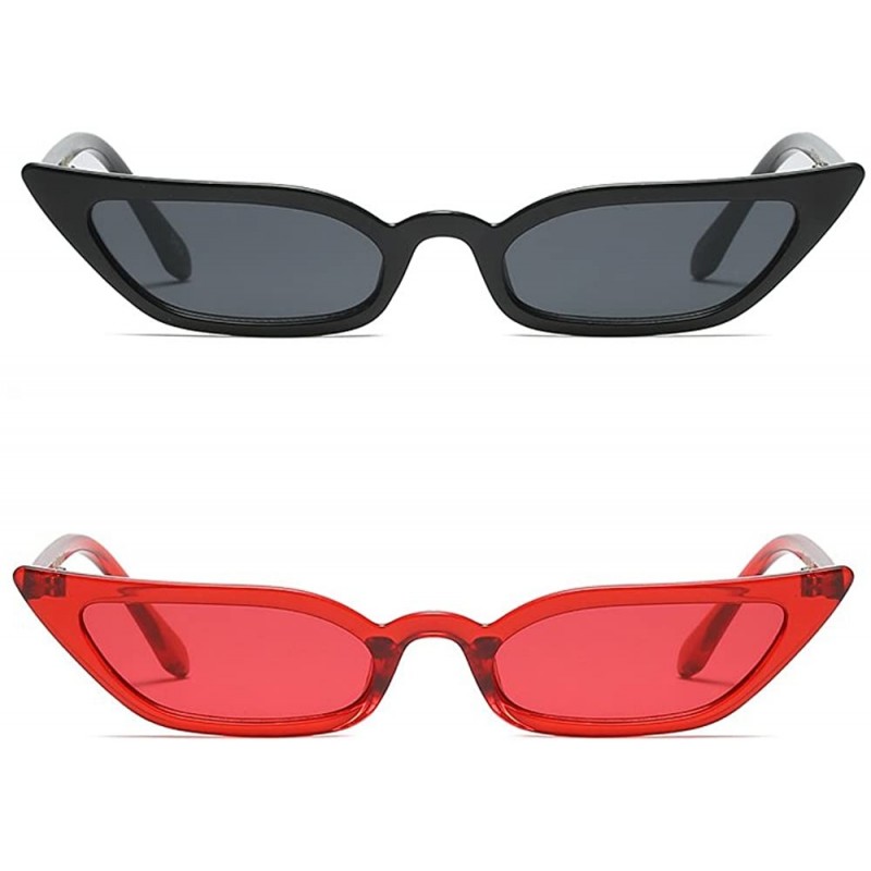 Square Vintage Retro Cateye Sunglasses for Women Narrow Skinny Small Cat Eye Glasses - Black + Red - CP18D28XG83 $18.87