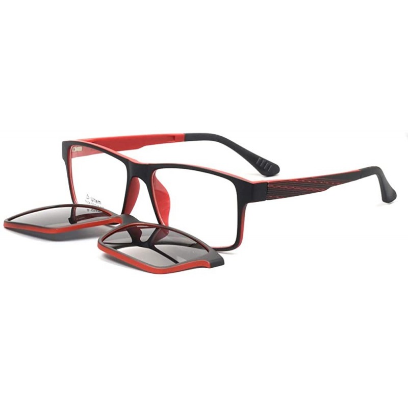 Square Men's Magnetic Clip-On Polarized Sunglasses + RX-able Eyeglass Frames (Red) - C118SL7C4Z9 $26.24