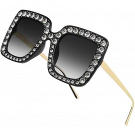 Oversized Square Rhinestone Oversized Sunglasses Metal Frame Retro Bling Sun glasses for Women - Black - CP18WNEI33R $13.73